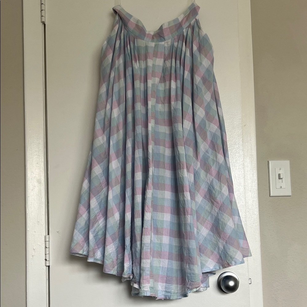 Pastel Plaid Midi Circle Skirt in Light Blue & Pink